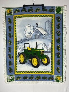Handmade John Deere Tractor Scenic Quilt Baby Blanket Ruffle Trim 44x36